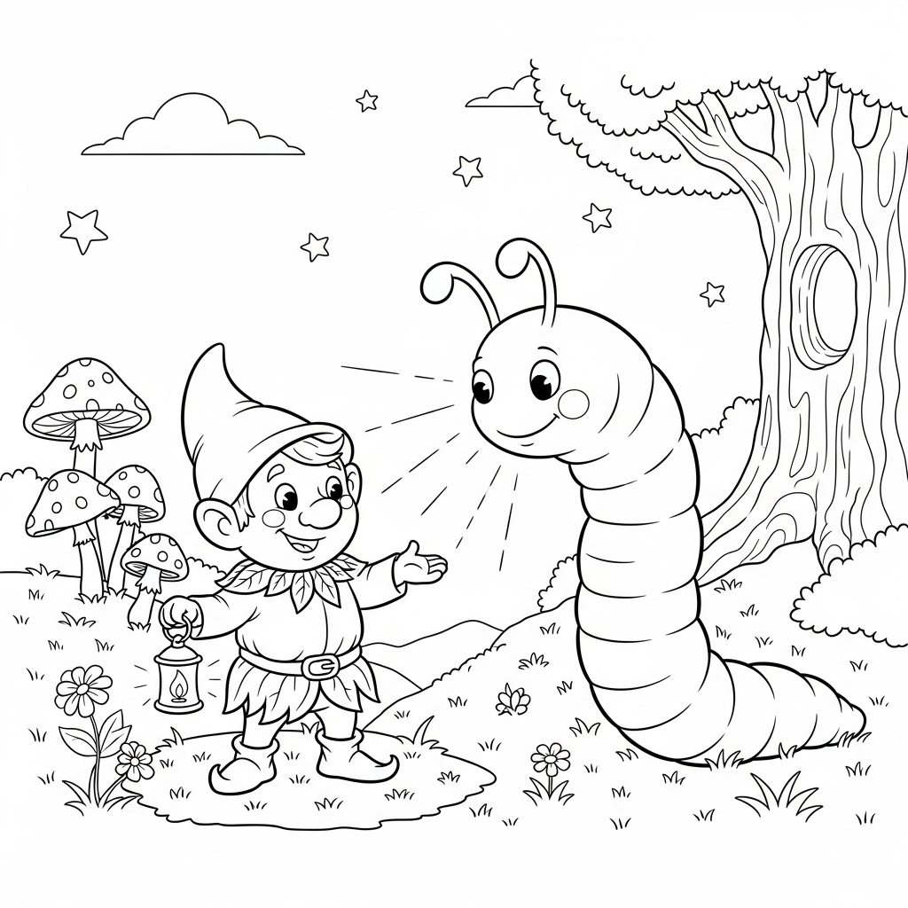 Coloriage Jardinot et le Grand Ver Lumineux