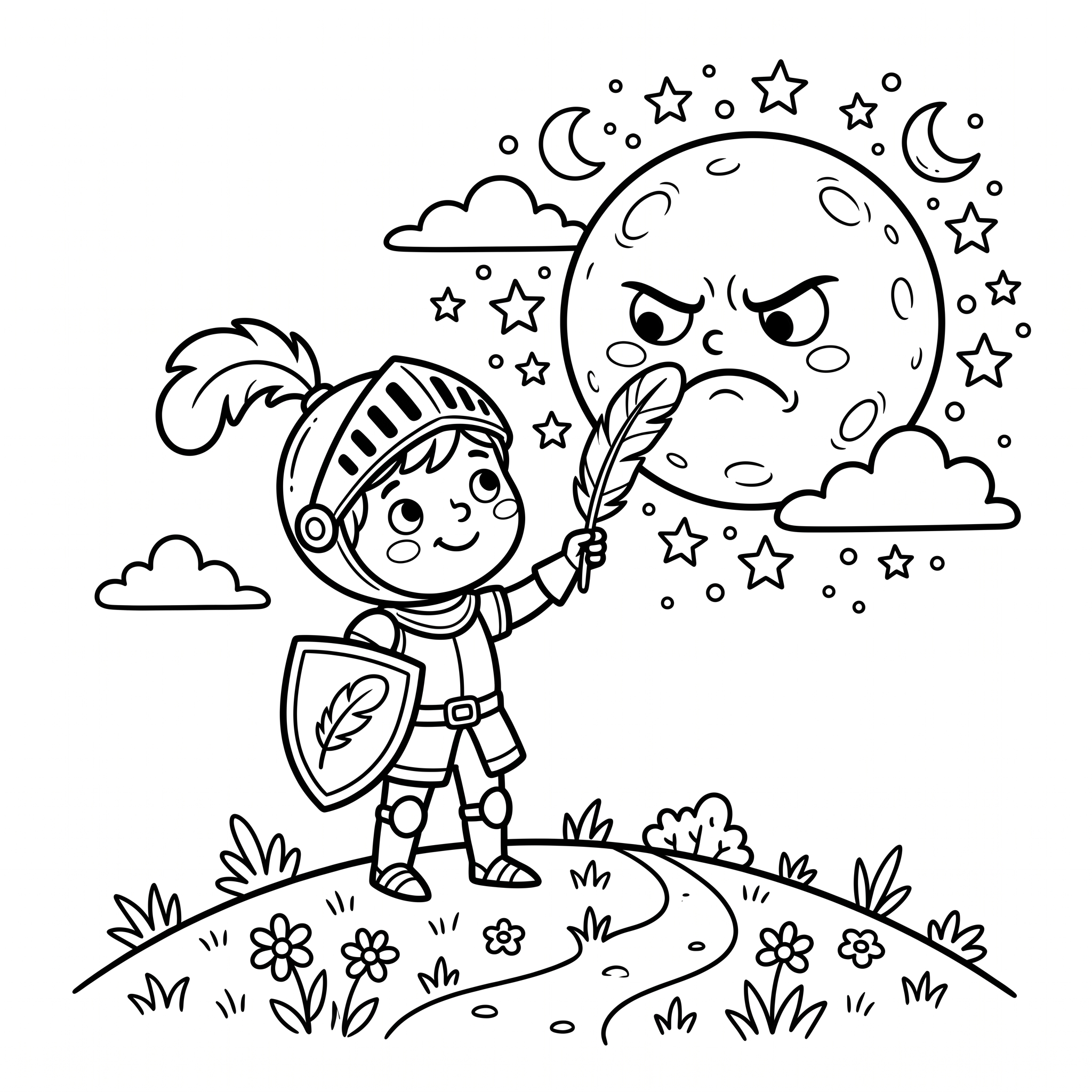 Coloriage Le Chevalier Chatouille et la Lune Boudeuse