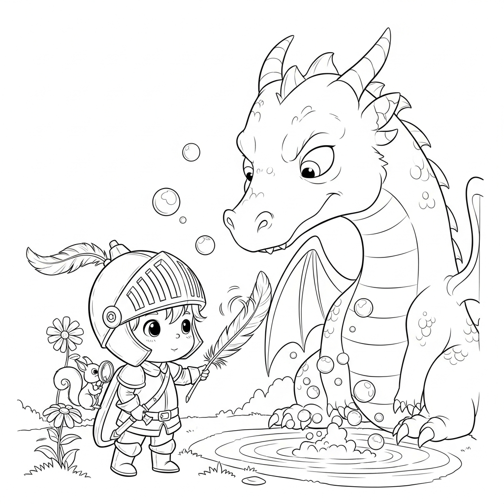 Coloriage Le Chevalier Chatouille et le Dragon Grognon