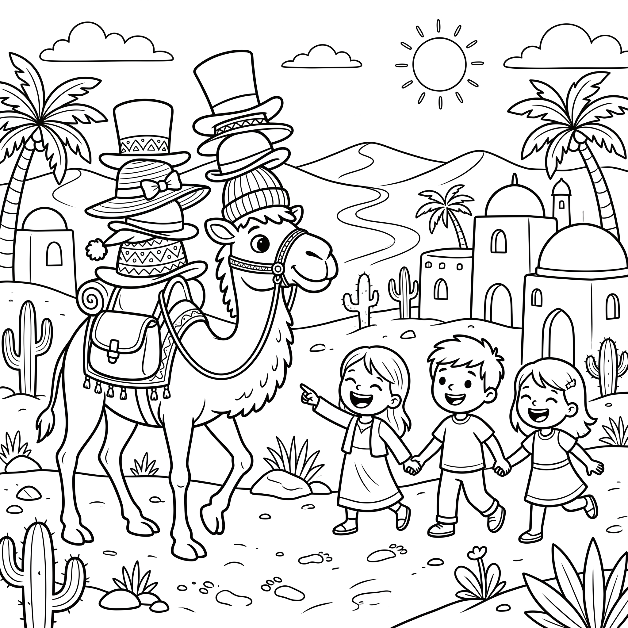 Coloriage Le Mystère des Rires Disparus et le Dromadaire à Chapeaux