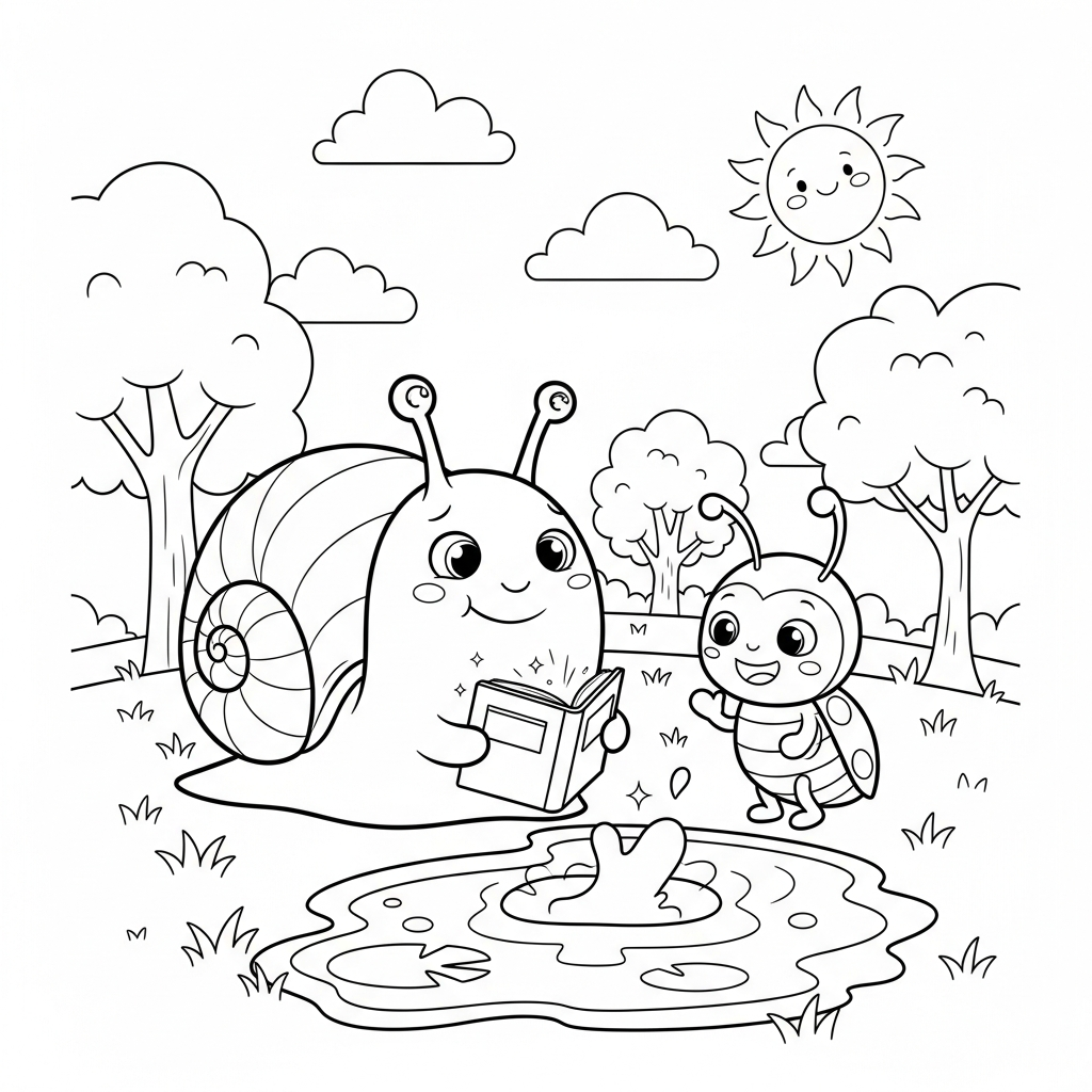 Coloriage Pim l'escargot qui sauva tout le monde avec une flaque d'eau