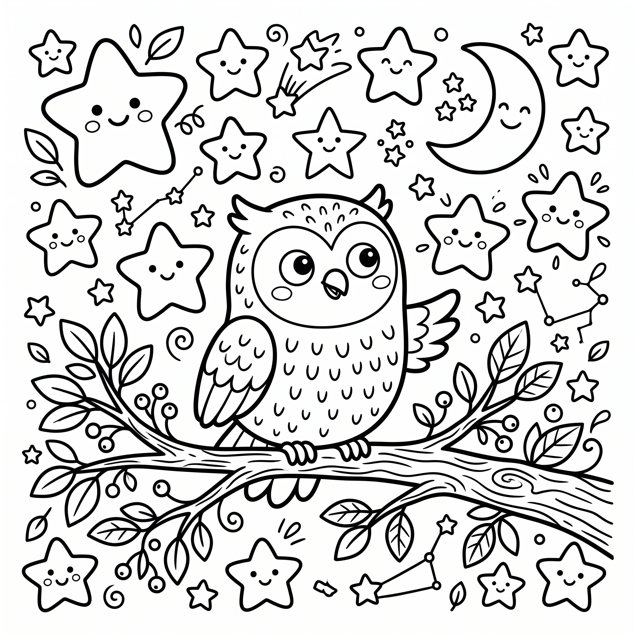 Coloriage Le Hibou et les Étoiles Douces